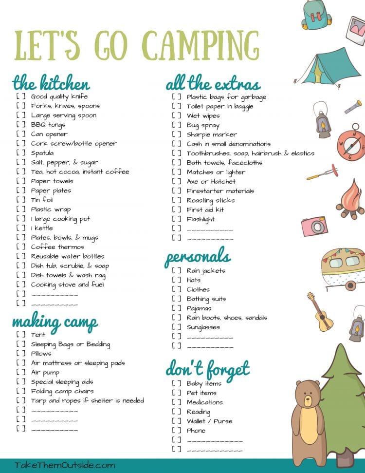 Camping checklist on white background with camping themed clipart