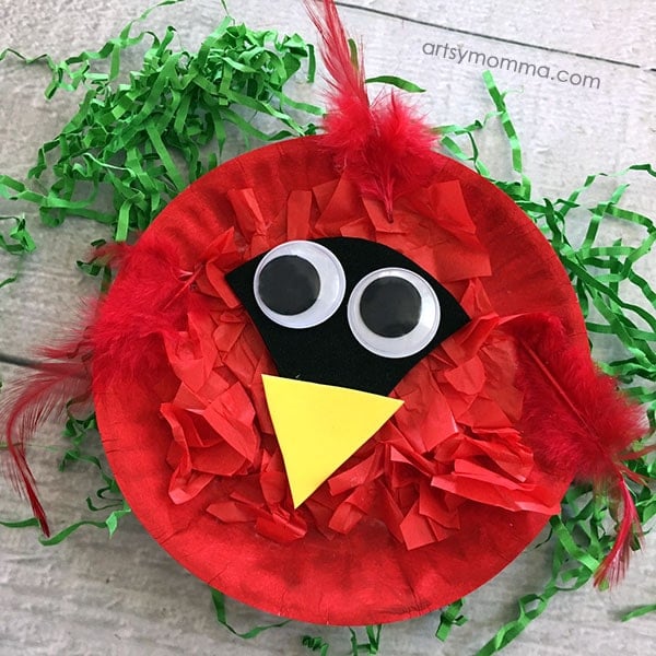 cardinal made from paper plate with green crinkled paper