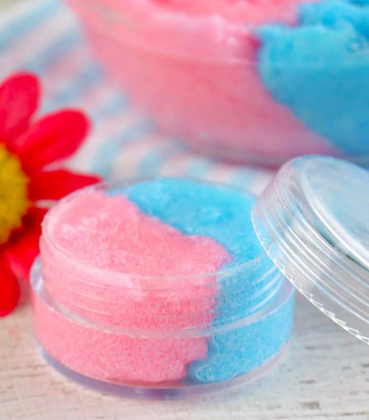 Small jar of half pink and half blue cotton candy lip scrub