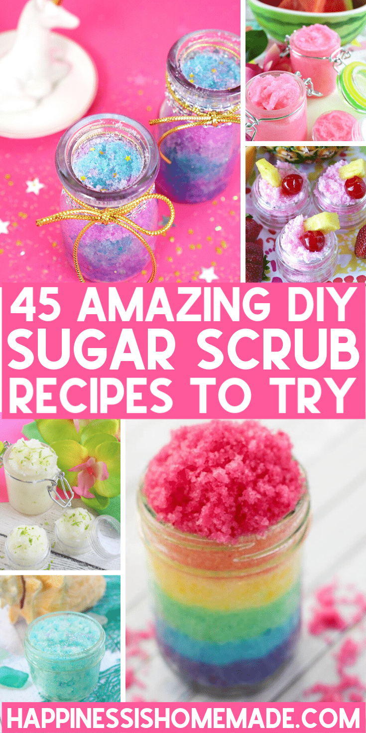 \"45 Amazing DIY Sugar Scrub Recipes to Try\" graphic with collage of different sugar scrubs