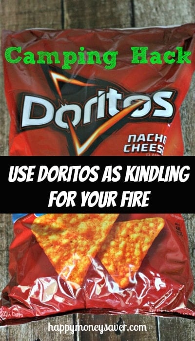 Bag of chips with the text, \"Use Doritos as kindling for your fire\"
