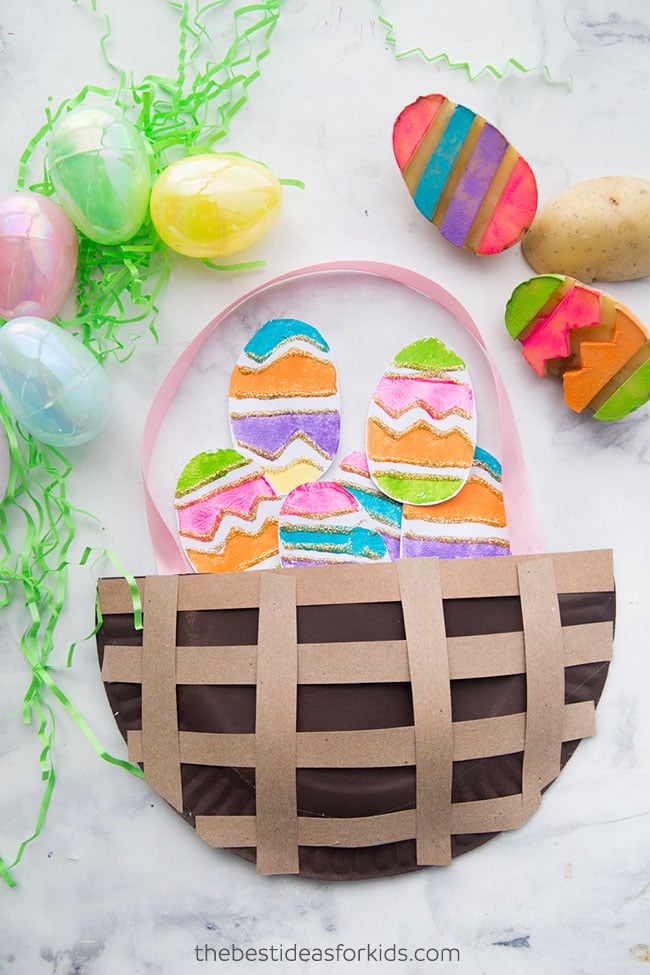 easter basket paper plate craft with easter eggs 