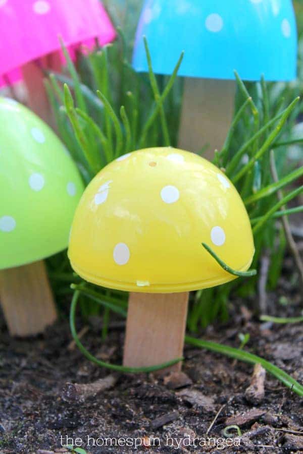 Fairy garden mushrooms made with plastic Easter eggs