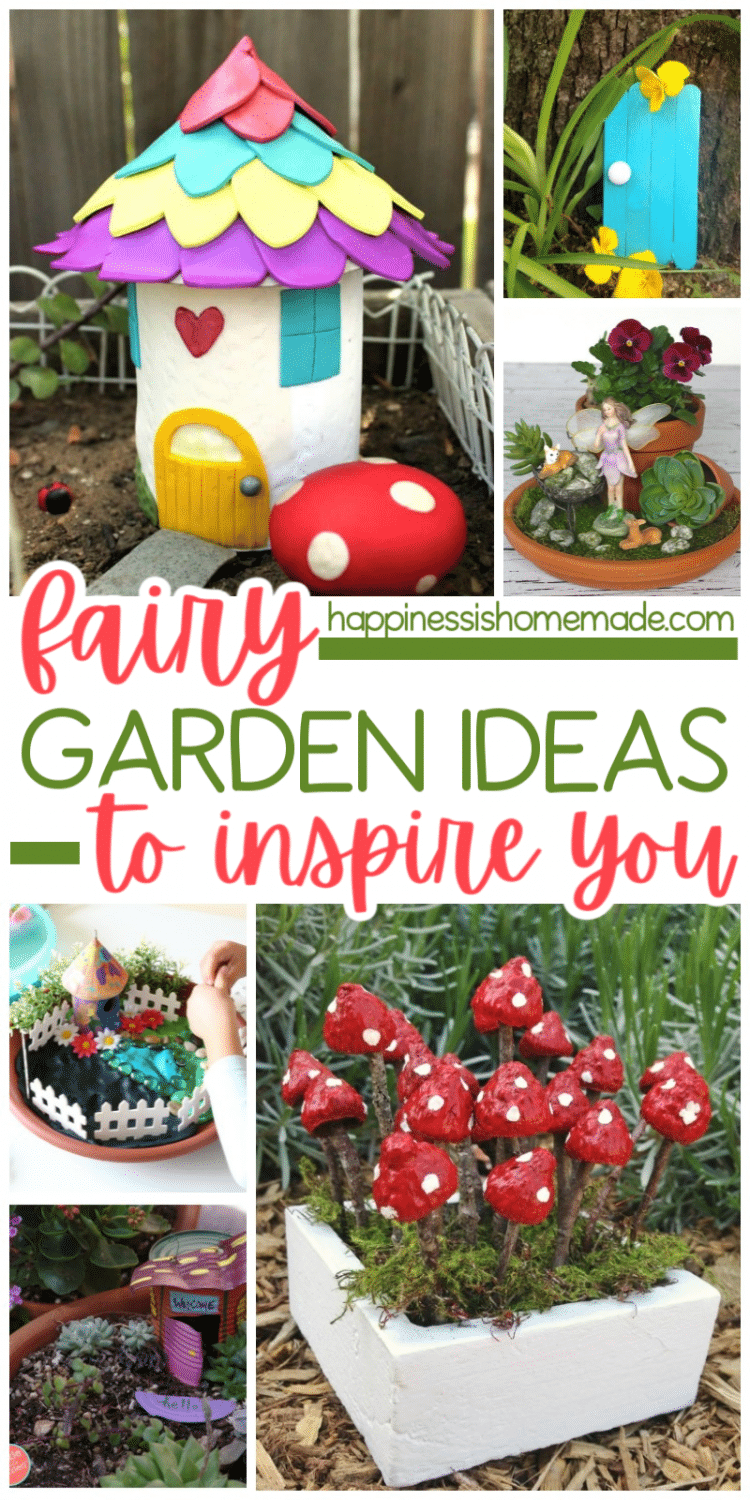 Fairy garden ideas to inspire you with multiple pictures of fairy gardens containing fairy figurines and painted pots to look like mushrooms