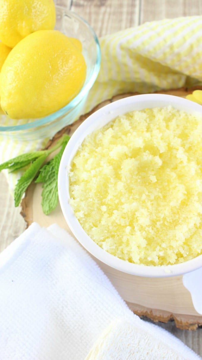 close up of bowl of yellow lemon mint sugar scrub