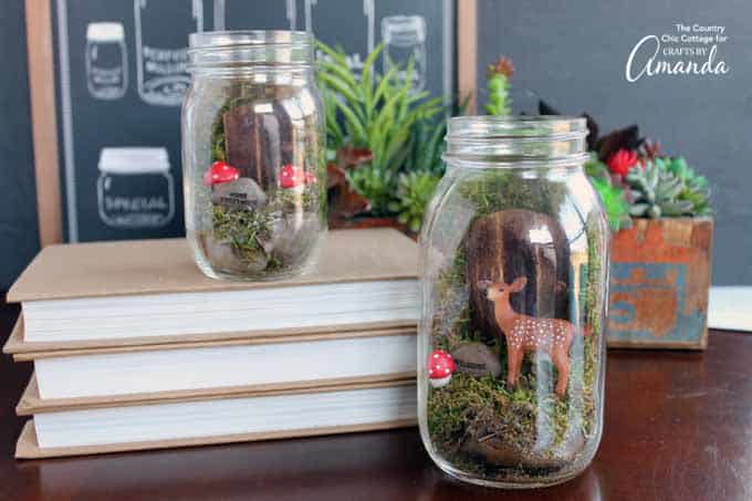 Fairy garden in a mason jar with deer and red polka dot mushrooms