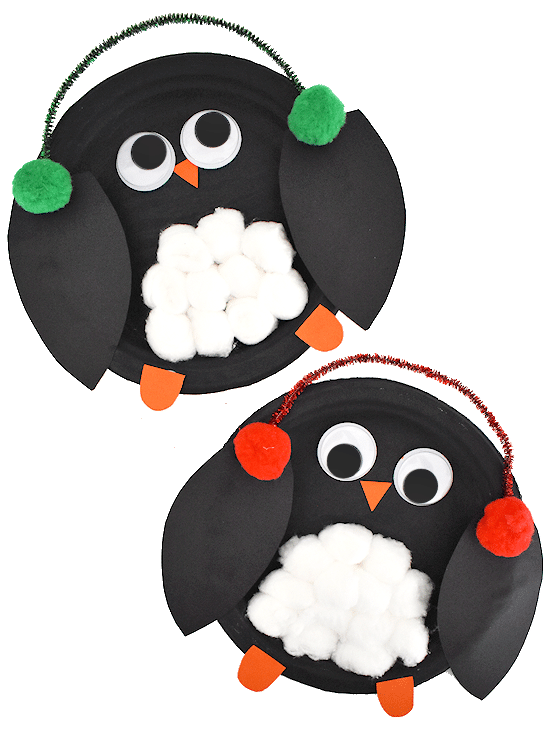 cute penguins wear earmuffs made from paper plates, pom poms, and pipe cleaner