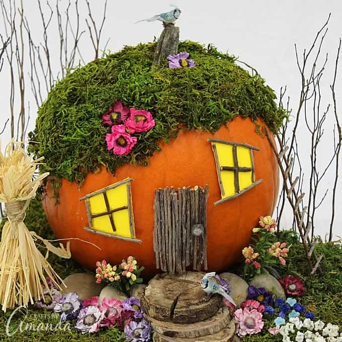 Orange pumpkin turned into a fairy garden house with a moss roof and wooden stick made door surrounded by flowers and greenery