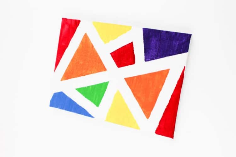 Fun geometric art made using the rainbow tape-resist method 