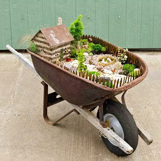 wheelbarrow diy fairy garden idea