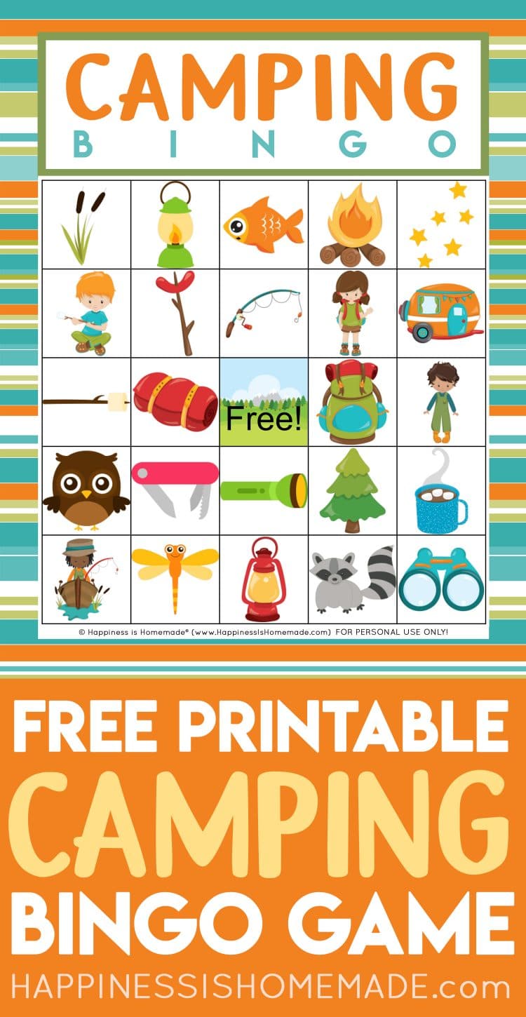 \"Free Printable Camping Bingo Game\" graphic 