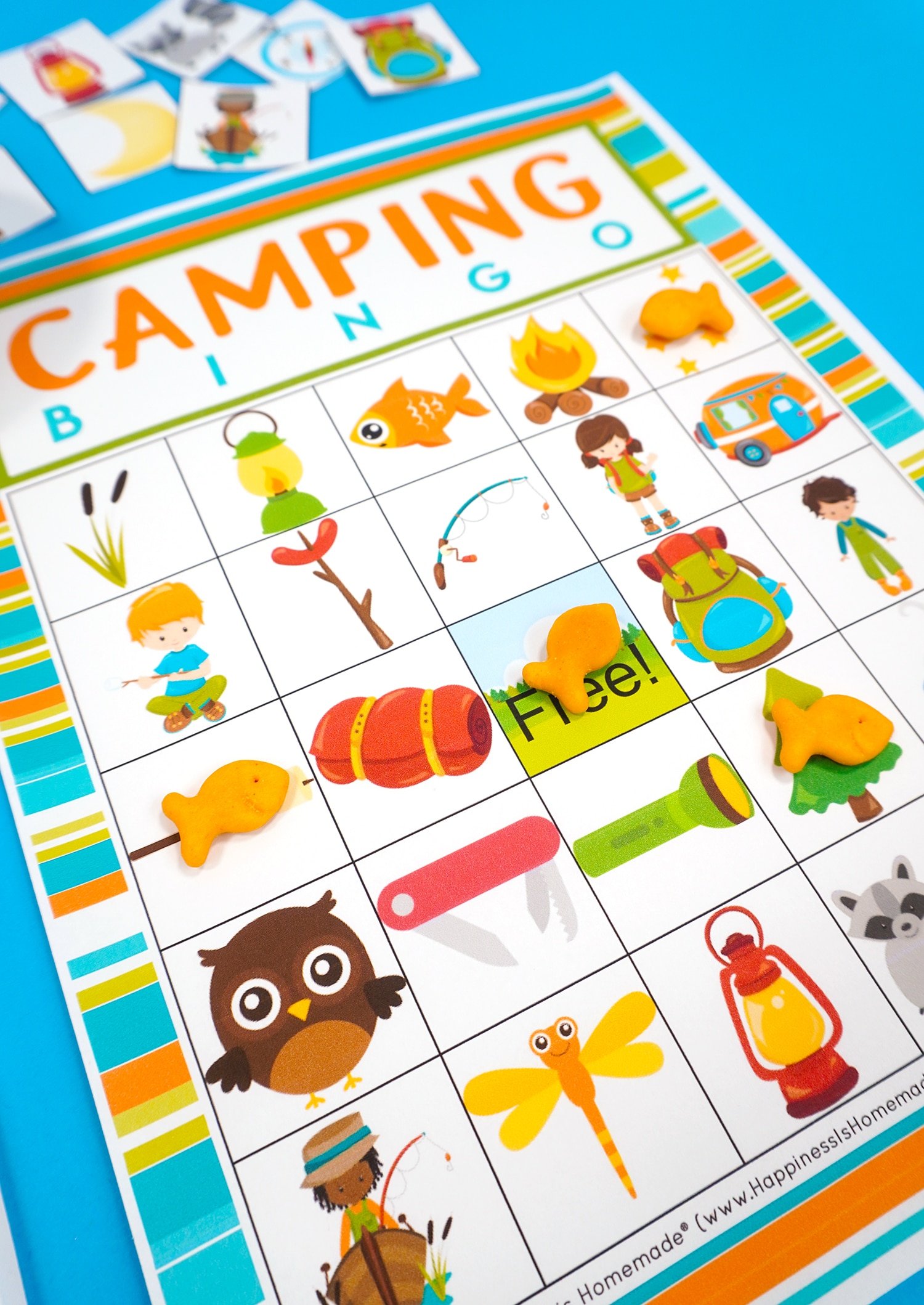 Close up of camping bingo game card and Goldfish cracker game markers