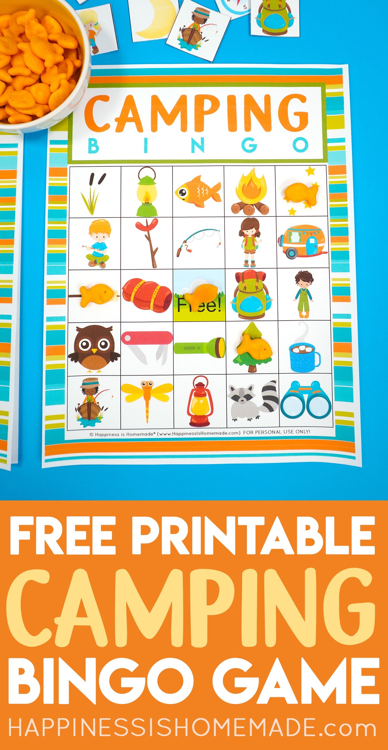 \"Free Printable Camping Bingo Game\" graphic