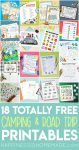 Collage of 18 free camping and road trip printables