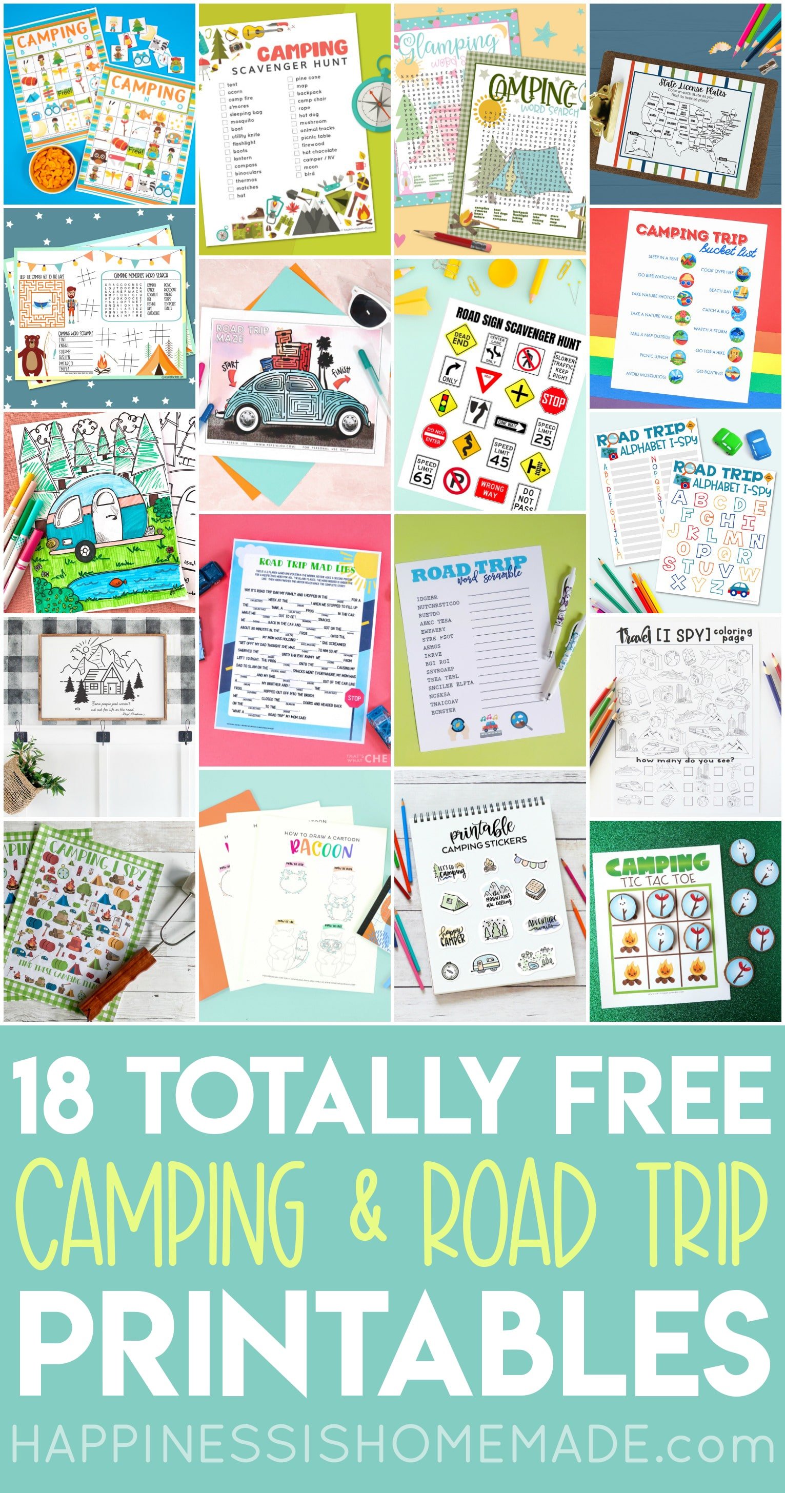 Collage of 18 free camping and road trip printables