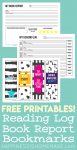 Printable reading log, book report, and bookmarks on teal background