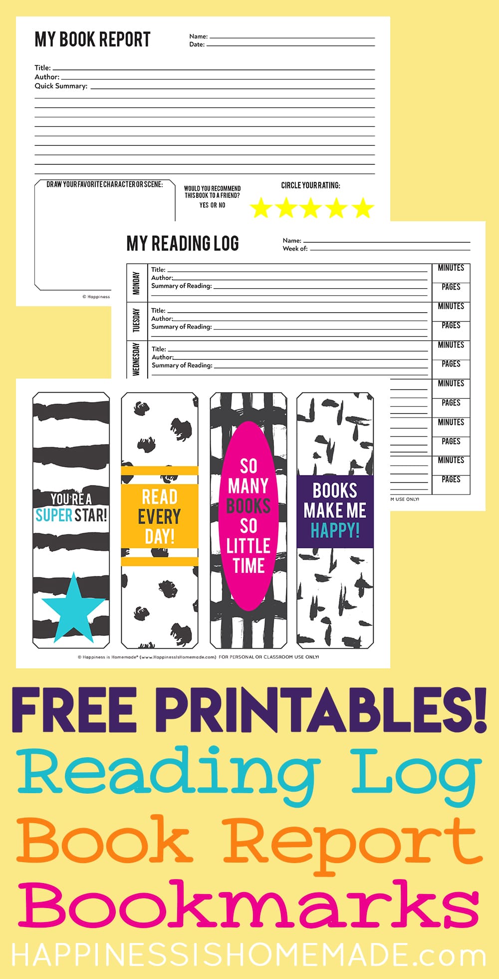 Printable reading log, book report, and bookmarks on yellow background