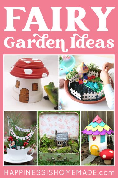 "Fairy Garden Ideas" graphic with collage of fairy house elements