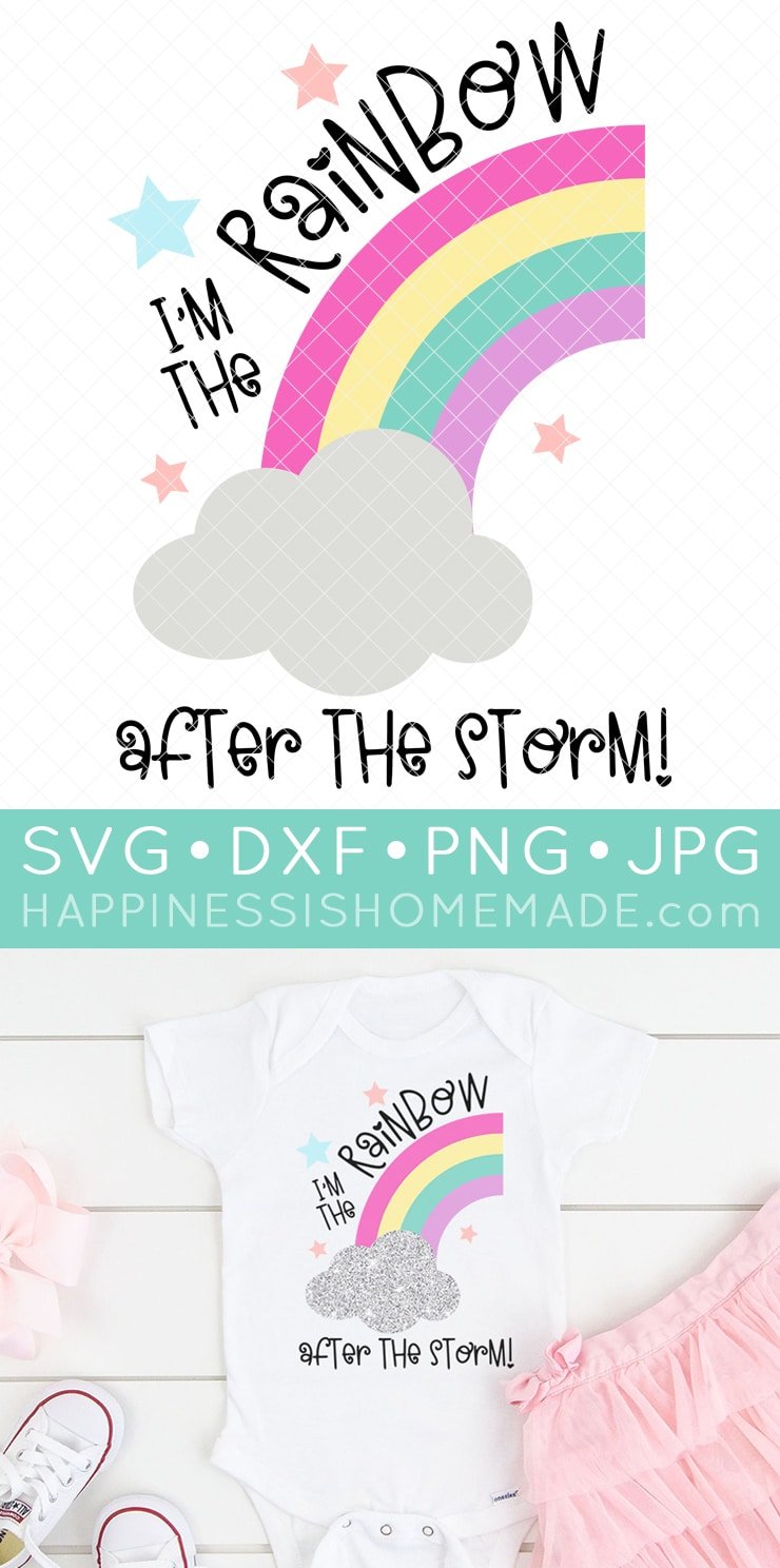 "I'm the Rainbow After the Storm" SVG file graphic and baby onesie made with the file