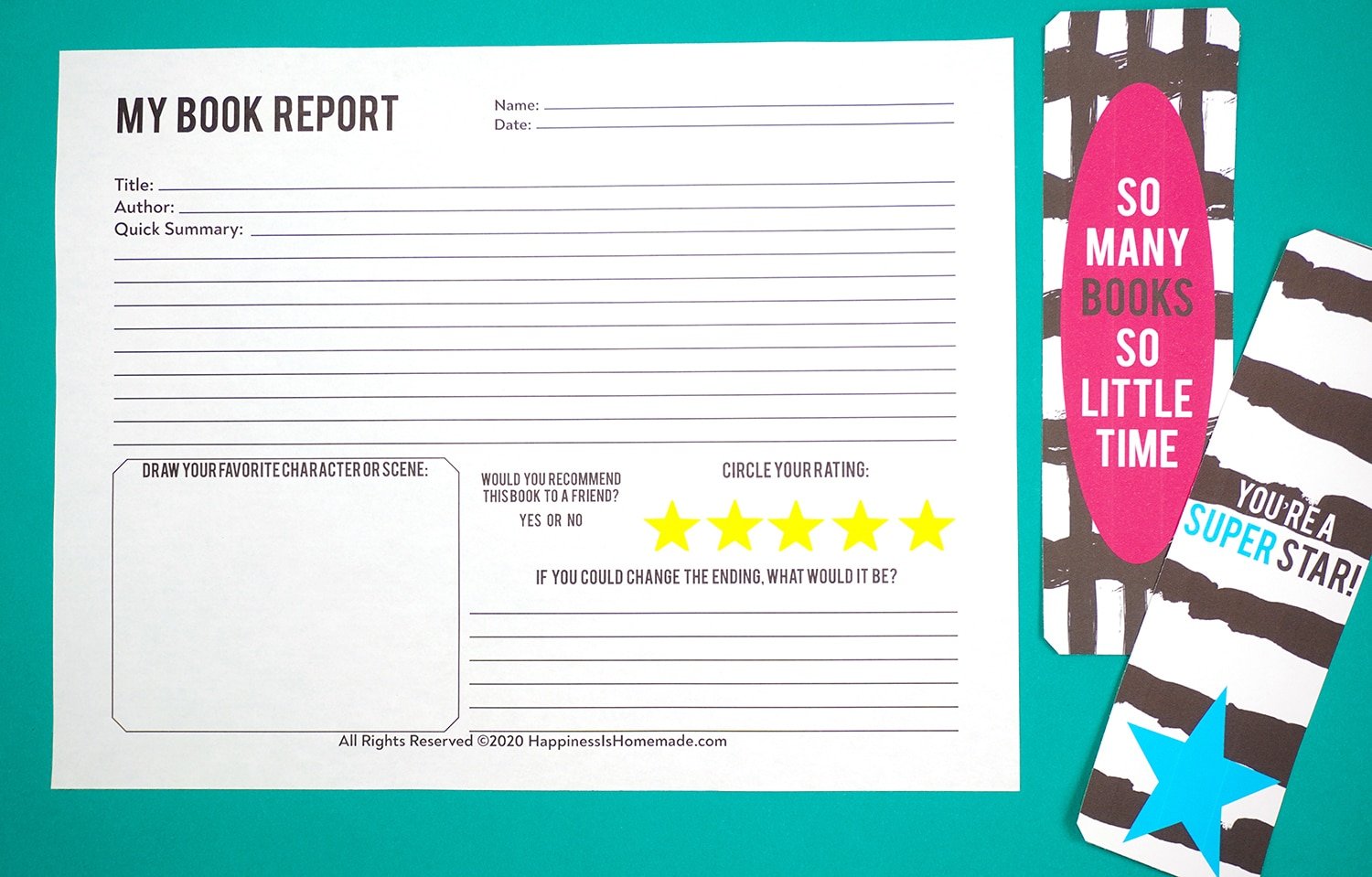 Printable book report with bookmarks on teal background