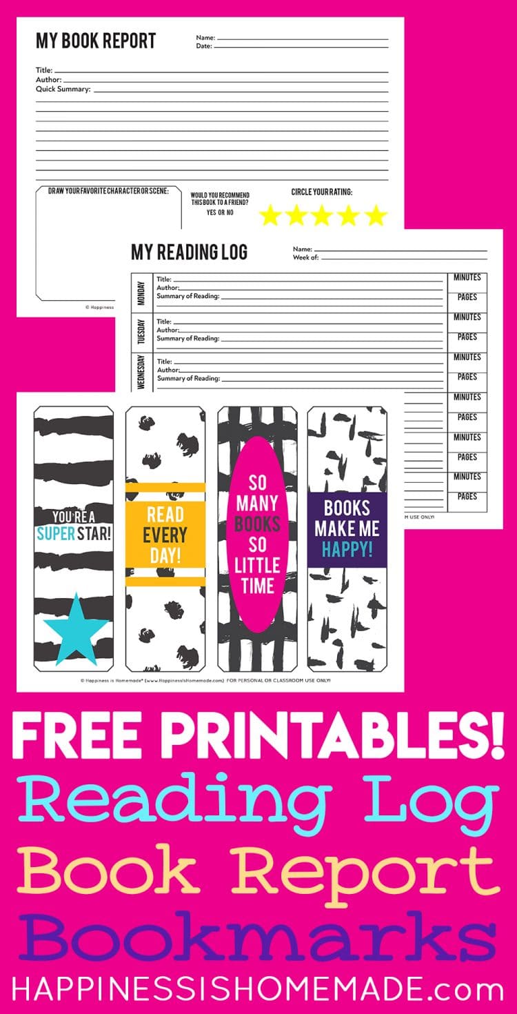 Printable reading log, book report, and bookmarks on pink background