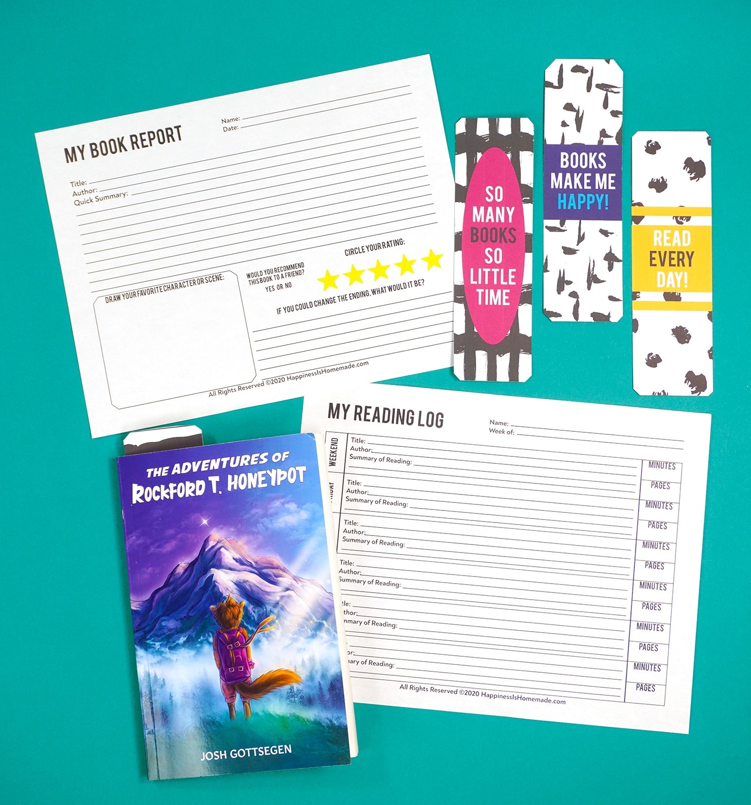 Printable reading log and book report with bookmarks and kids book on teal background