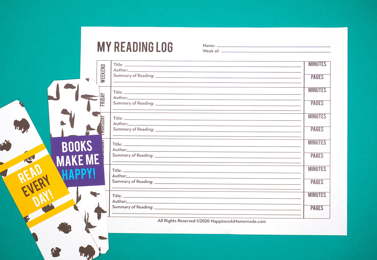 Printable reading log with bookmarks on teal background