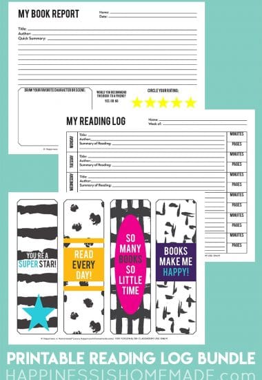 Graphic depicting three free printables - book report, reading log, and colorful bookmarks on light teal background