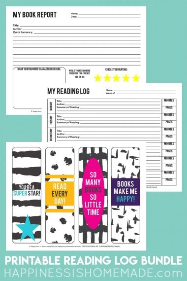 Graphic depicting three free printables - book report, reading log, and colorful bookmarks on light teal background