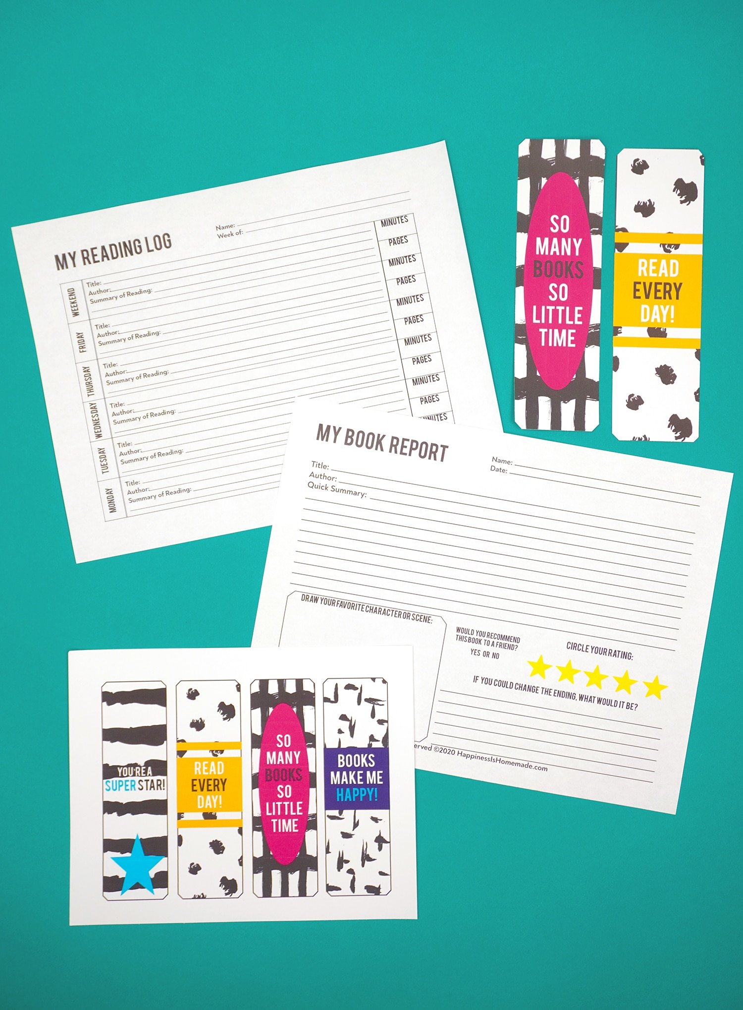 Printable reading log and book report forms with bookmarks on teal background