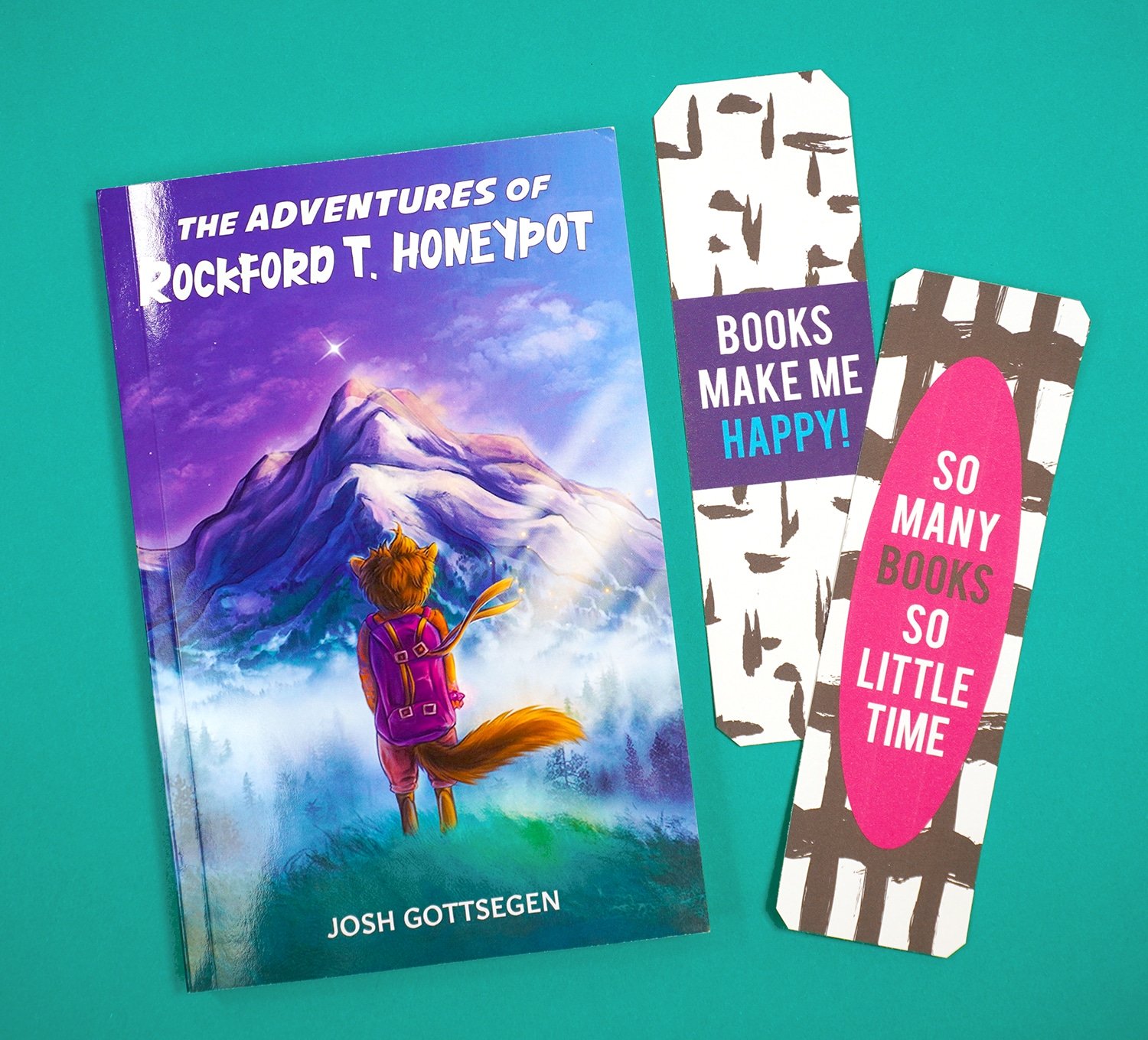 \"The Adventures of Rockford T. Honeypot\" book and printable bookmarks on teal background