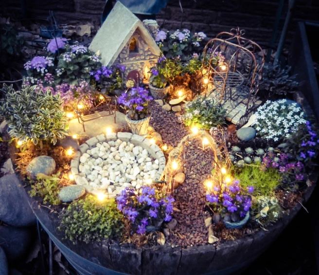 fairy garden with fairy lights