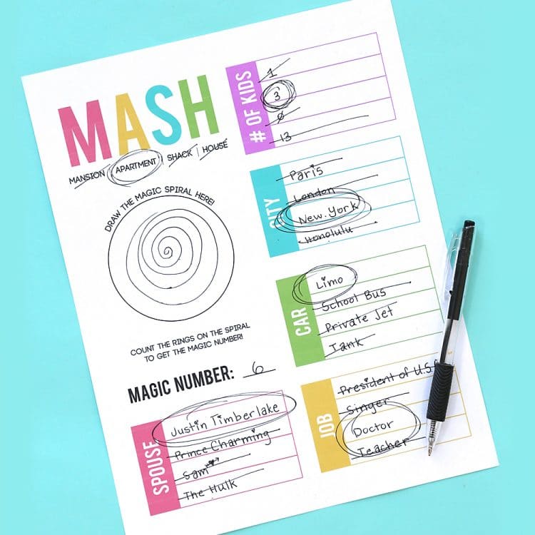 MASH printable game for kids