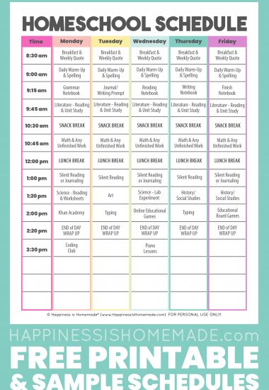 free printable homeschool schedules sheet