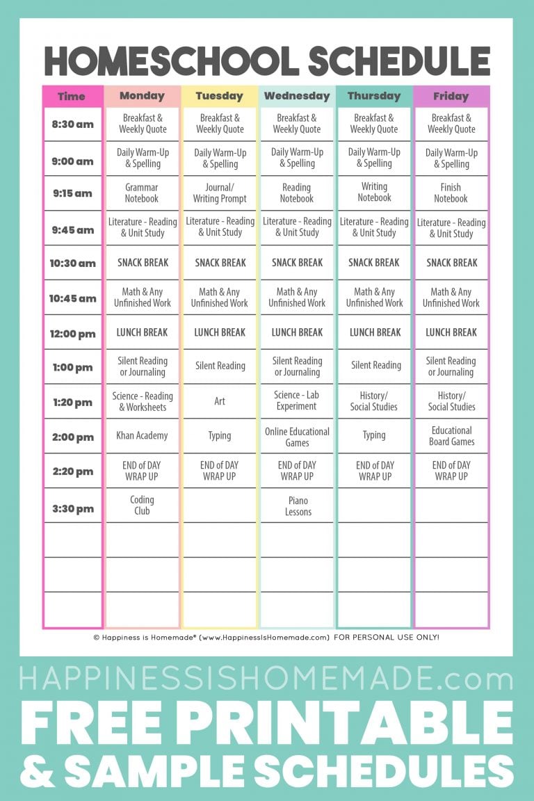 Daily Homeschool Schedule Samples