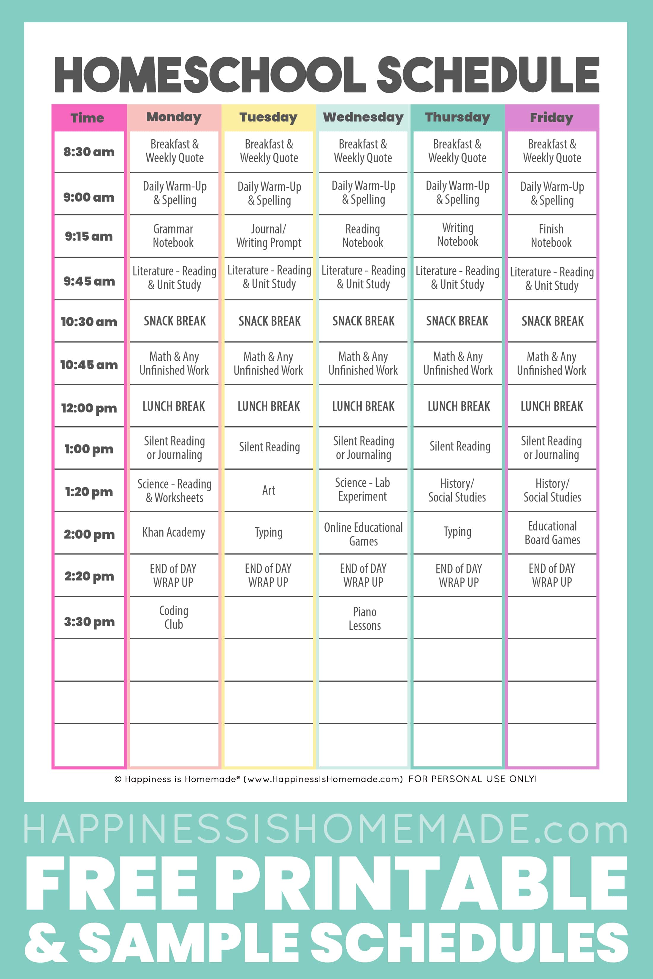 free printable homeschool schedules sheet