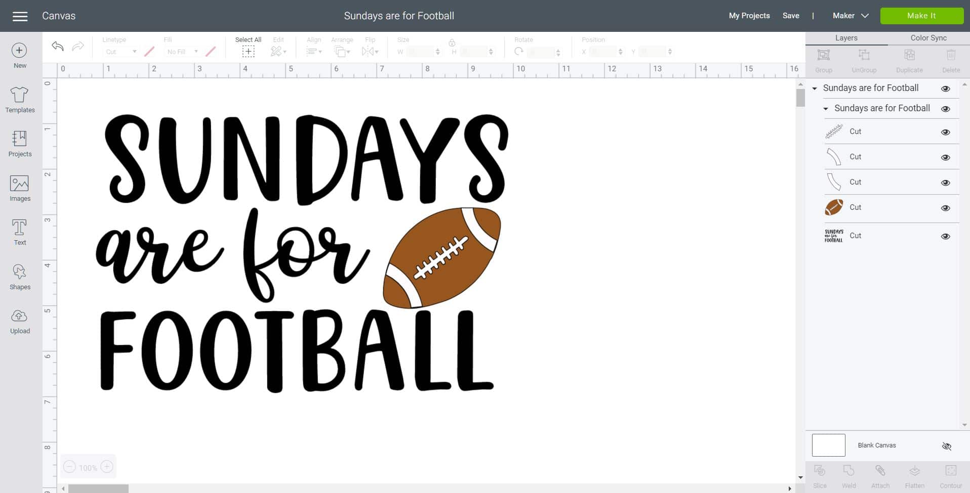 Screenshot of "Sundays are for Football" design in Cricut Design Space software