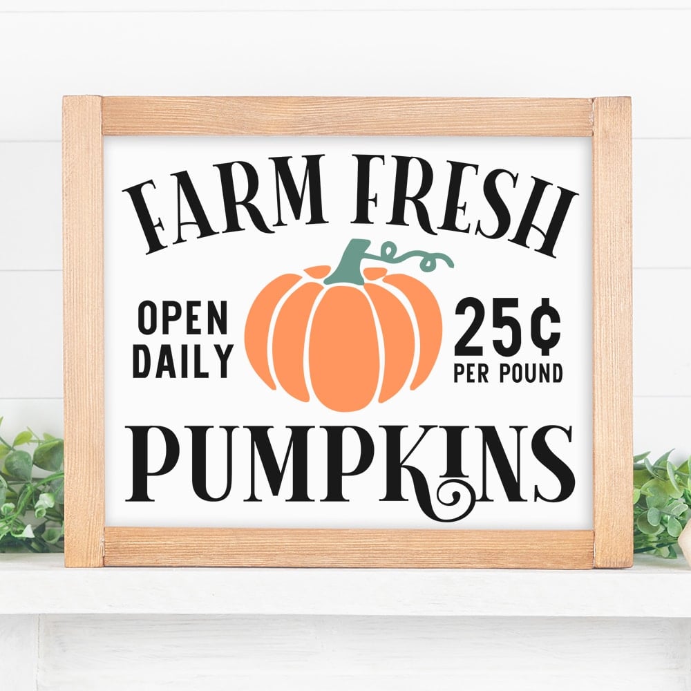 farm fresh pumpkins sign on mantel