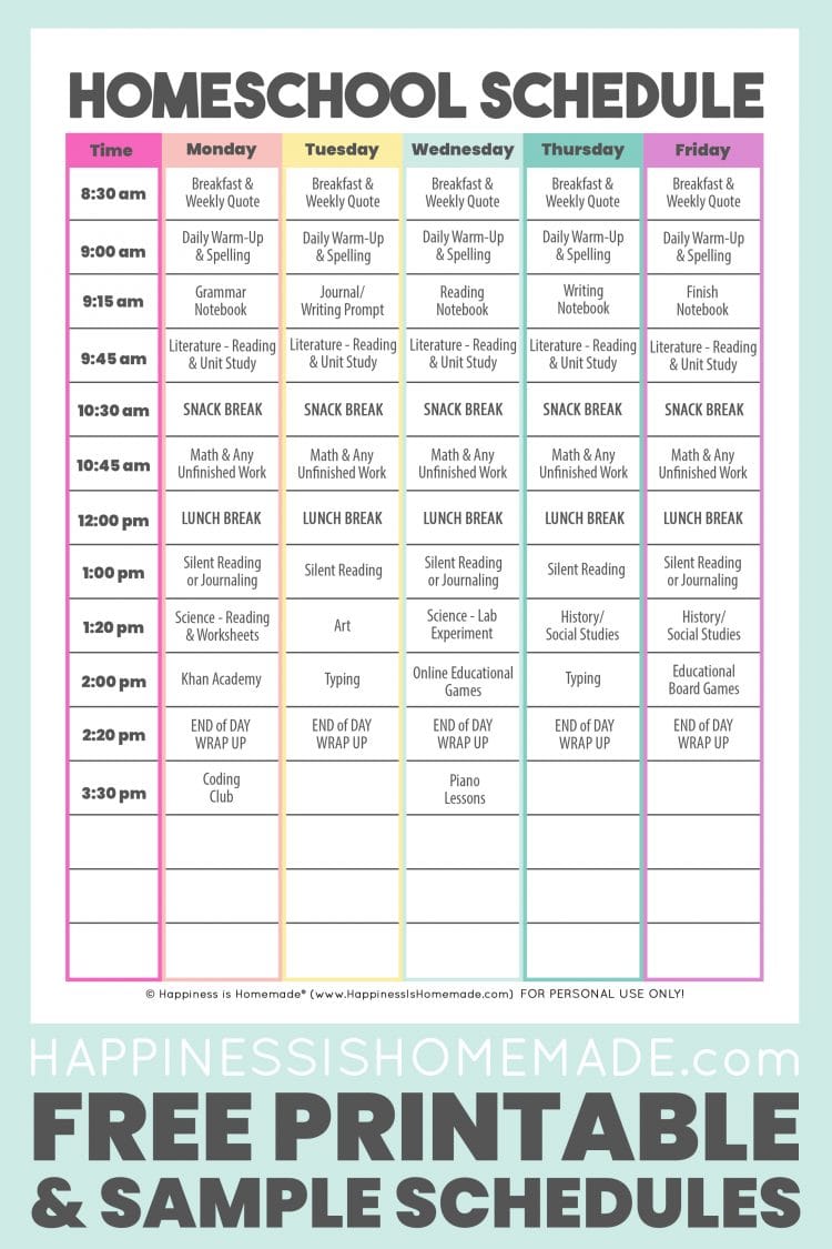 Homeschool Schedule Template: Free Printable - Happiness is Homemade