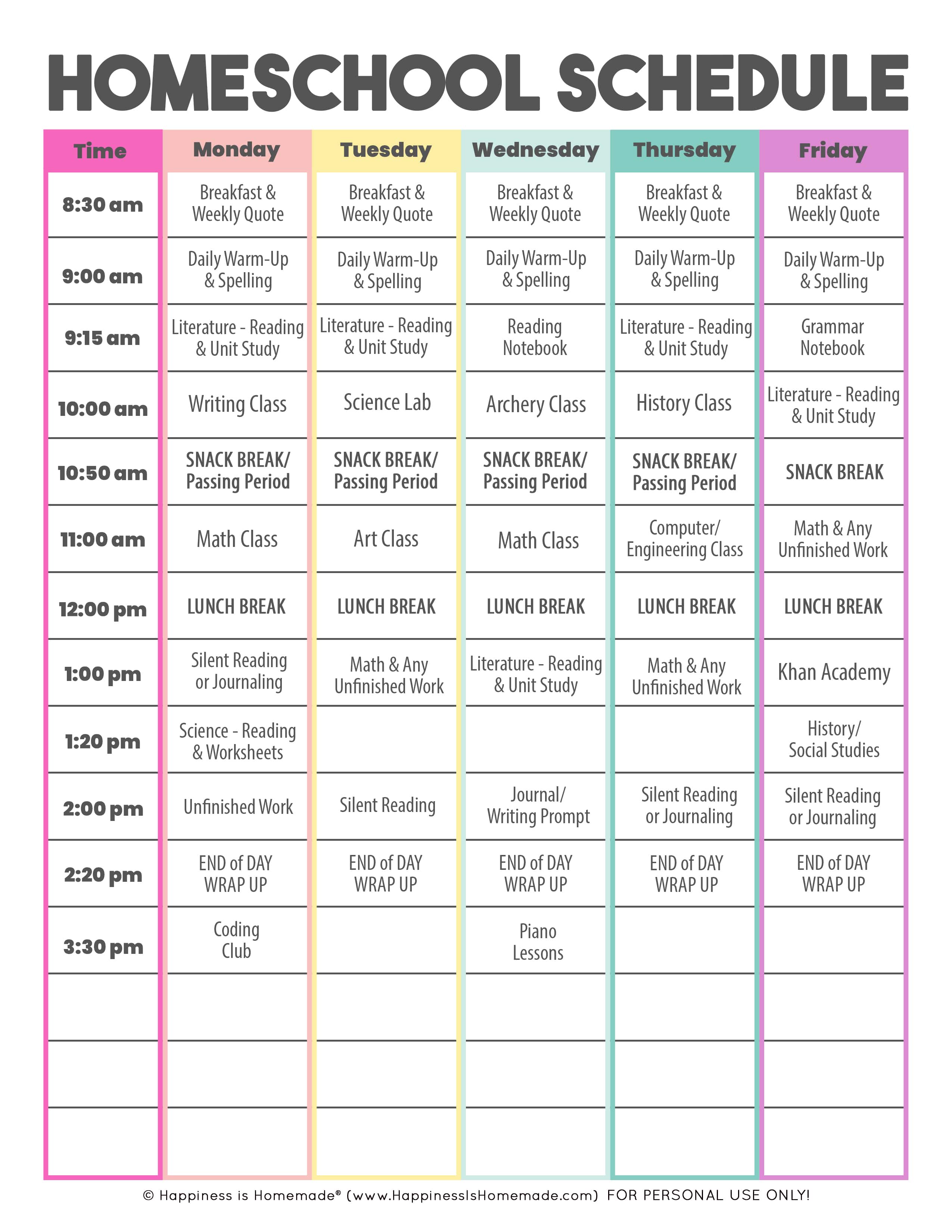 Daily Homeschool Schedule Samples Happiness is Homemade