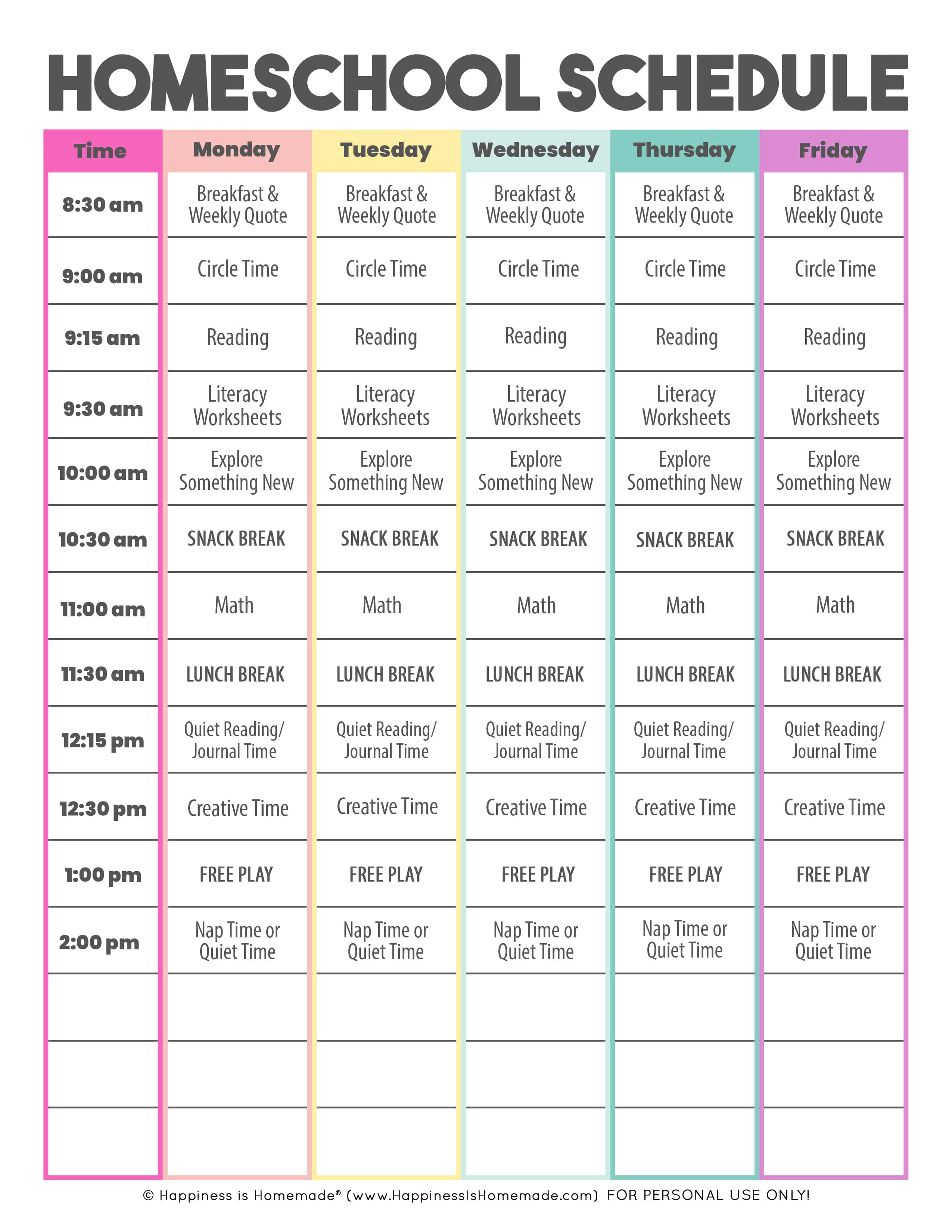 Sample kindergarten homeschool schedule - daily and weekly