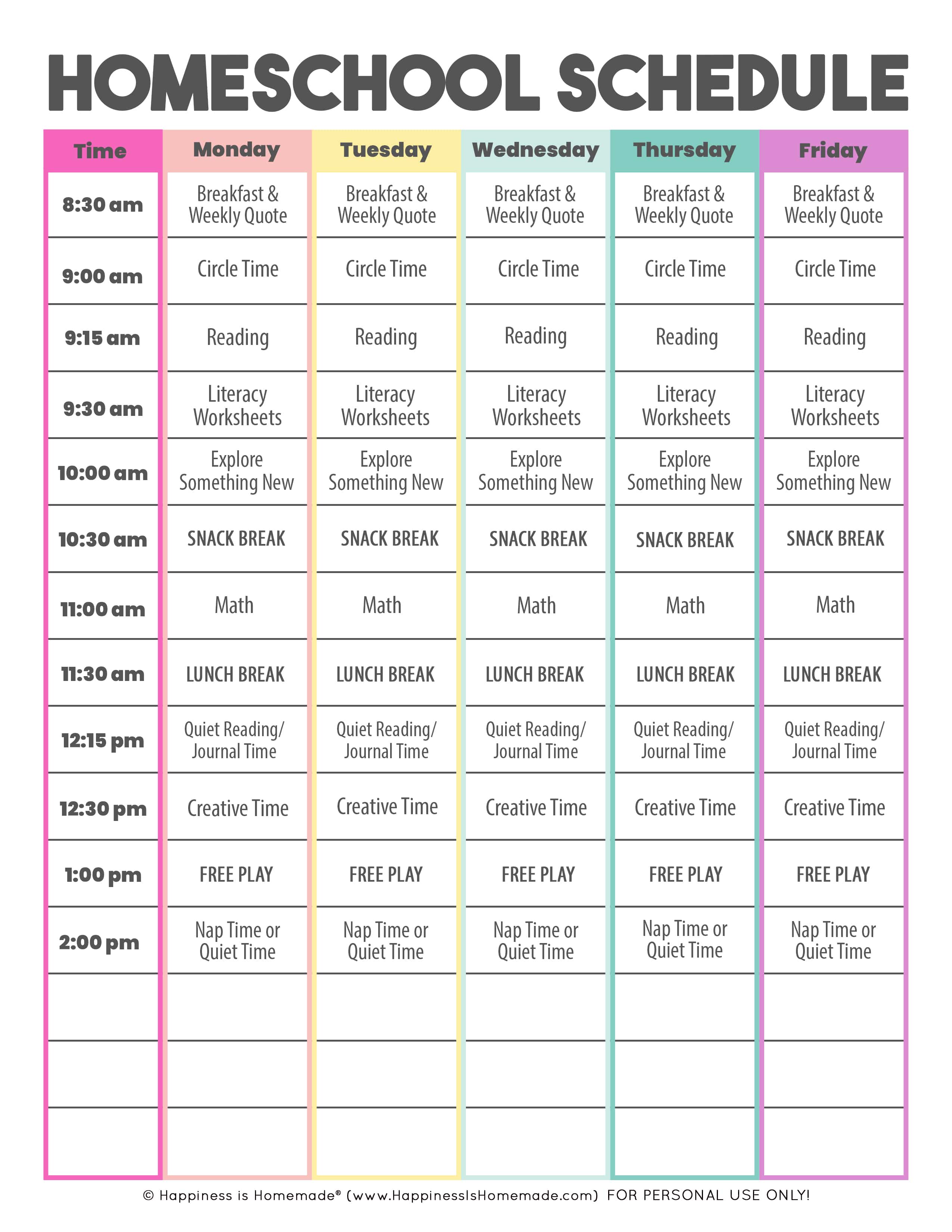 homework schedule for kindergarten