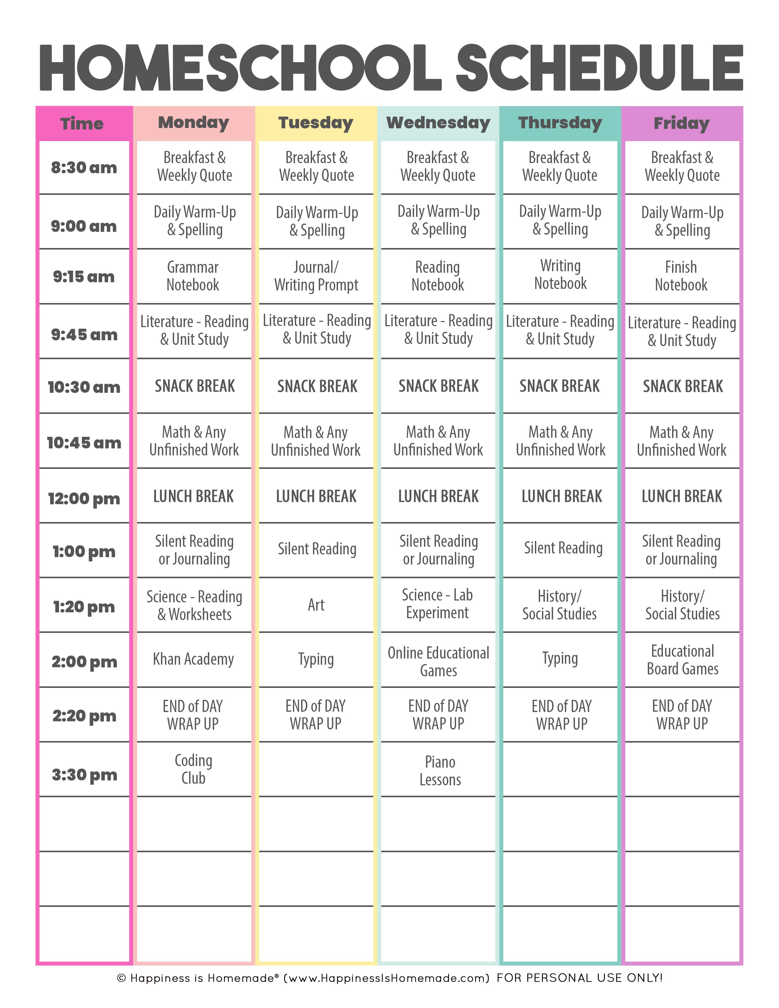 sample of homeschool schedule written out on sheet