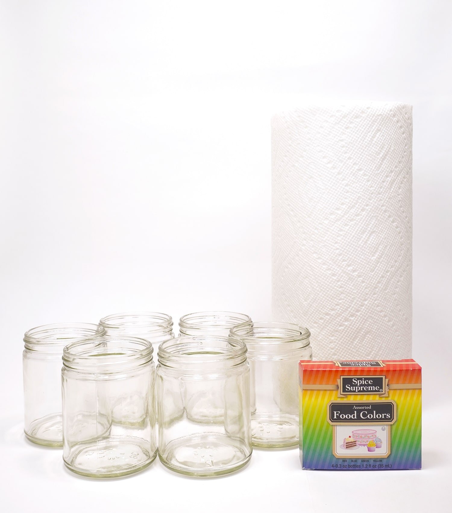 supplies to make a walking rainbow (jars, paper towels, food coloring)