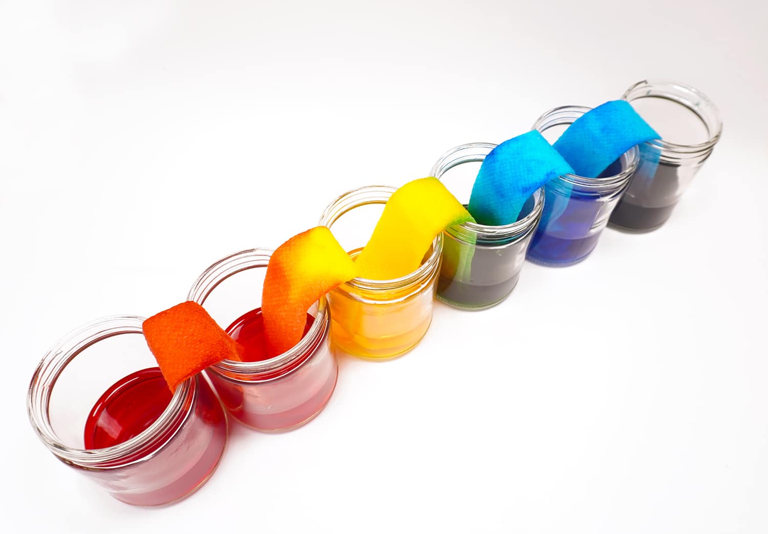 different colored jars of food coloring with paper chain interlinked to create a walking rainbow STEM activity