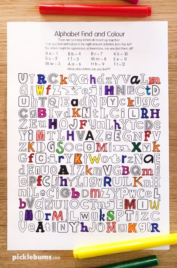 alphabet find and color being colored 