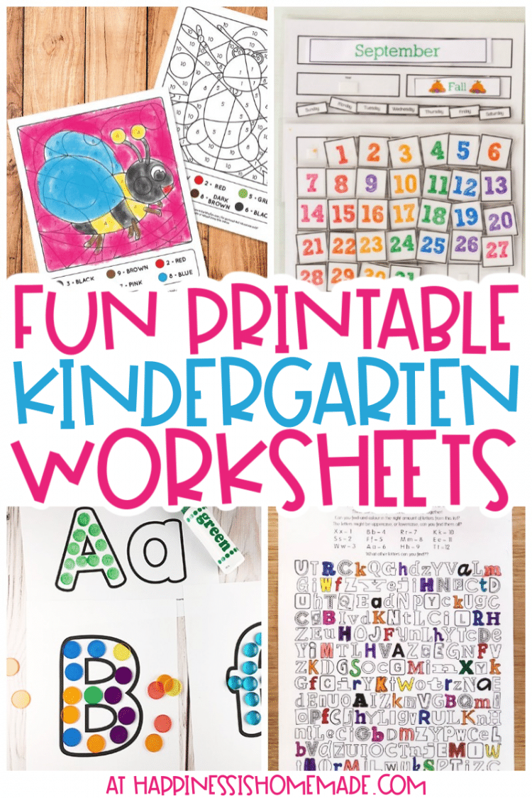 "Fun Printable Kindergarten Worksheets" graphic with text and collage of worksheet examples