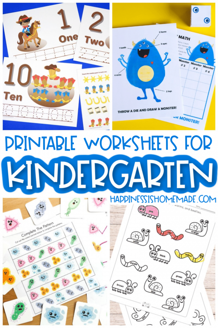 "Printable Worksheets for Kindergarten" graphic with text and collage of worksheet examples
