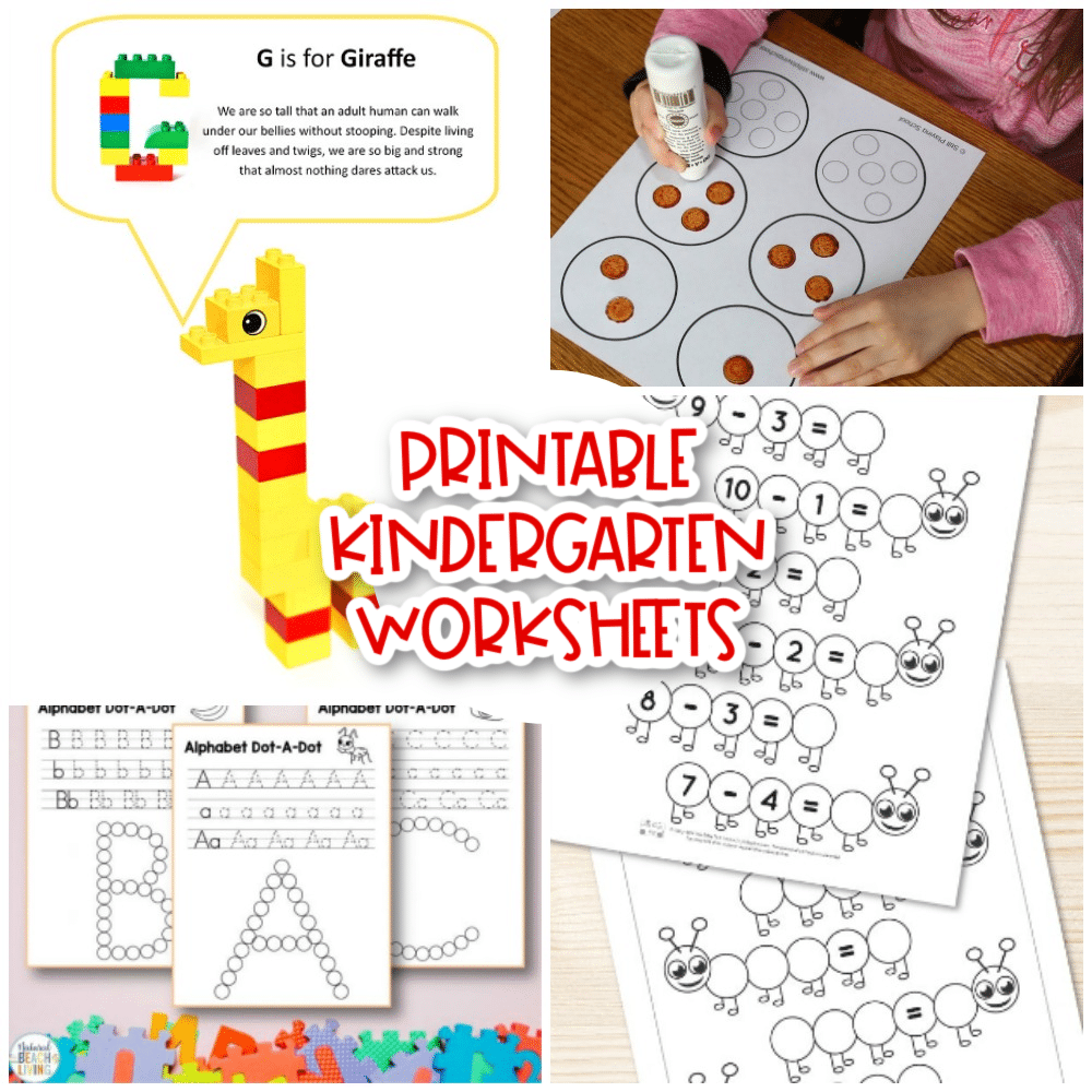 "Printable Kindergarten Worksheets" graphic with text and collage of worksheet examples