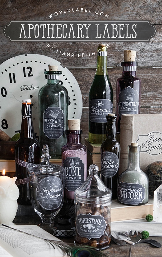 printable apothecary labels on various sized bottles and clock